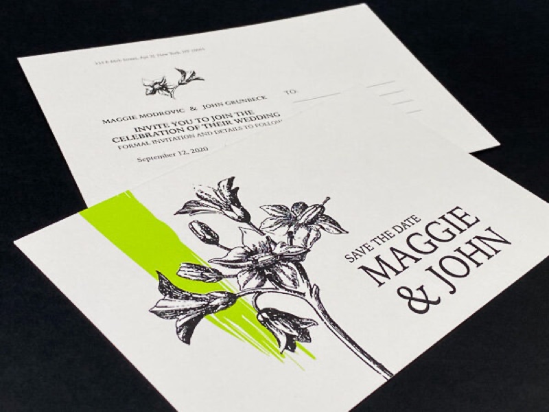 Save-the-date postcard with botanical artwork