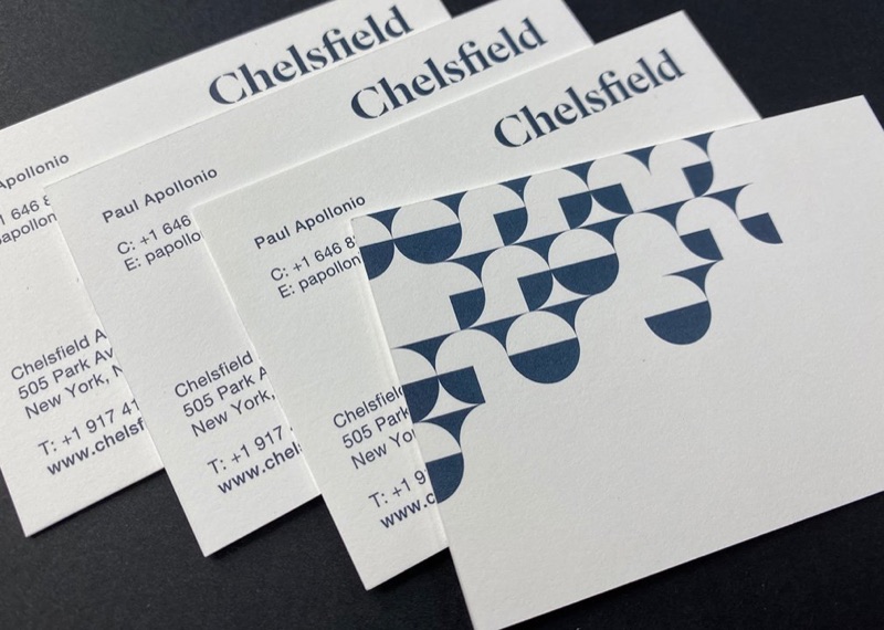 Chelsfield business cards with navy Pantone pattern