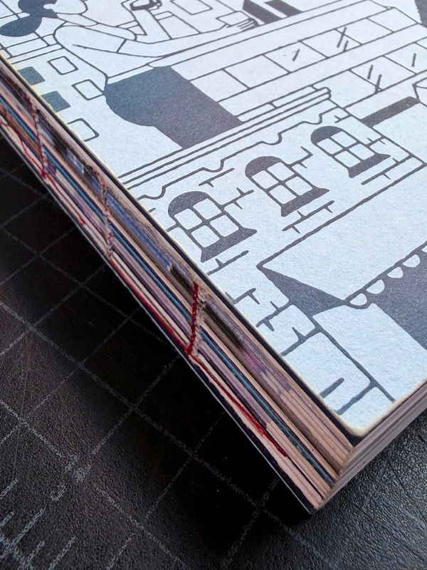 Exposed sewn spine detail on book with illustrated cover