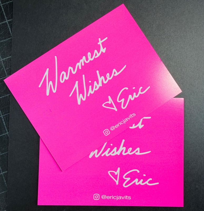 Fluorescent pink holiday cards with white script