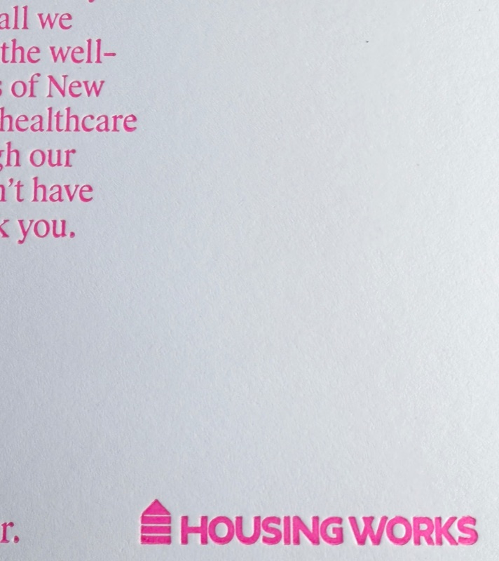 Fluorescent pink letterpress cards for Housing Works