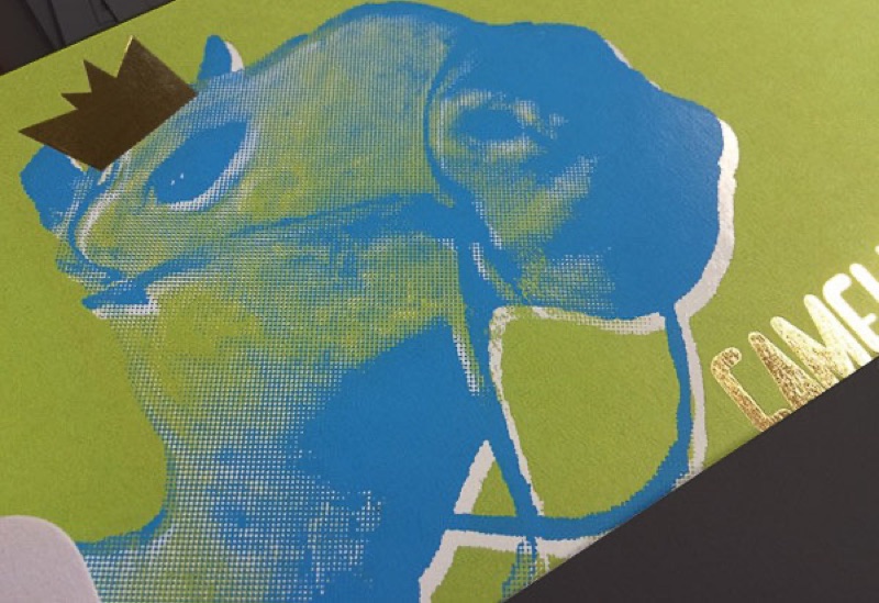 Halftone camel artwork with foil stamping on invitation