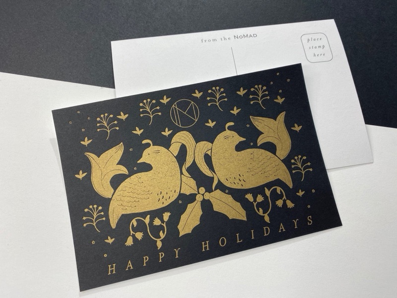 Gold ink holiday postcard on black paper