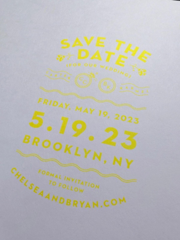 Neon yellow save-the-date in PMS 803