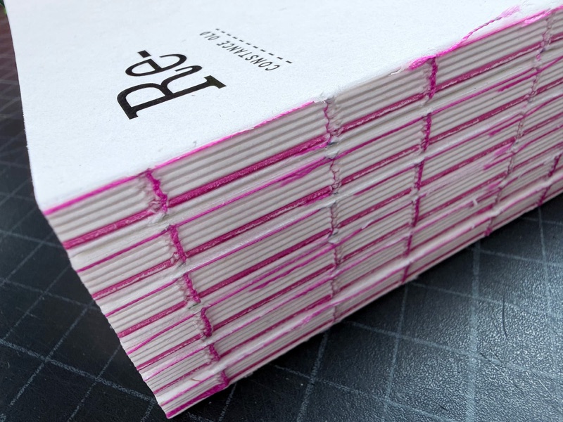 White books with pink exposed sewn spines